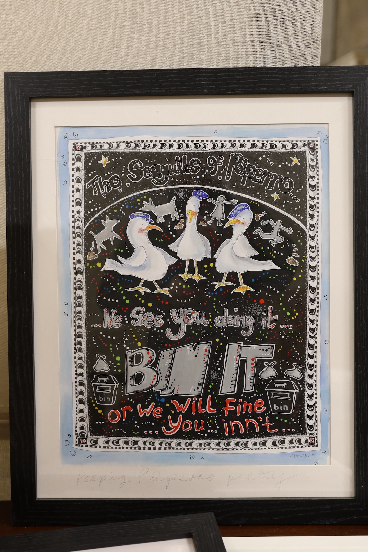 Rebecca Morse (Modern British) three pen, ink and watercolours, Polperro Festival, a poster design, The Seagulls of Polperro and St Michaels Mount, 33 x 42cm (3)